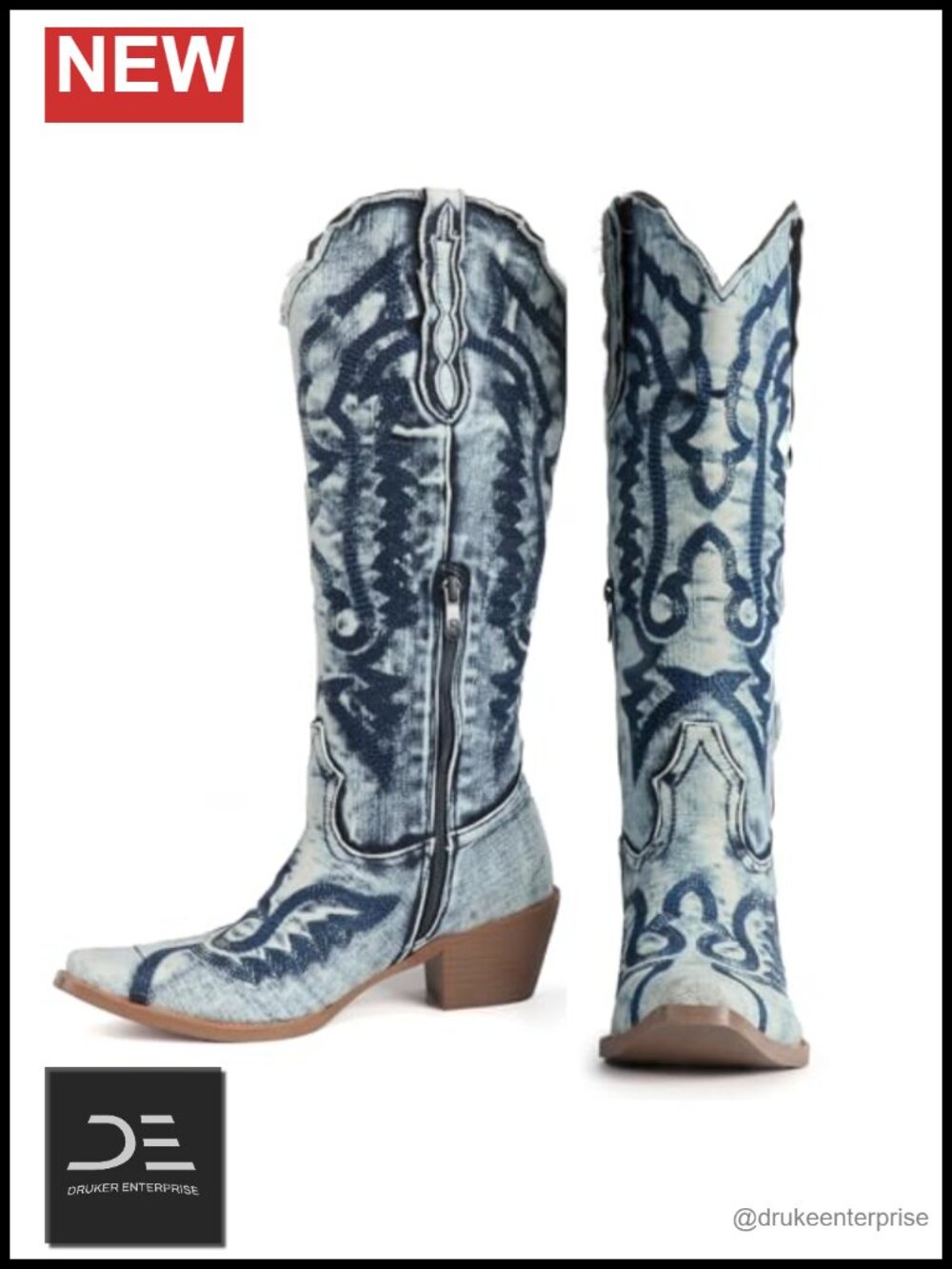 Knee High Denim Embroidered Cowboy Boots Chunky Heel Pointed Toe Vintage - Picture 4 of 6